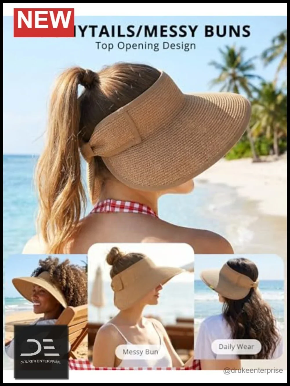 UPF50 Sun Hat Wide Brim Straw Visor Ponytail-Friendly Packable Beach Hat